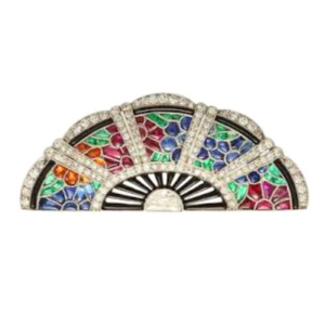 American Blac Enamel & Platinum Fan Brooch Set with Diamond, Onyx, Sapphire, Ruby & Yellow Spinel