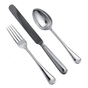All spoon and fork handles are available turned up or turned down. Note the pip at the bottom of the handles. Available only with 4-prong forks. Appropriate Knives: Thread Edge and Cannon. Both with a variety of blades.