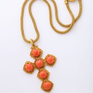 Victorian Period 18kt Gold & Coral Cross Pendant on Chain