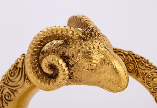 19th C. European 18 kt Gold Etruscan Revival Granulated Ram’s Head Bangle Bracelet Closeup of Head
