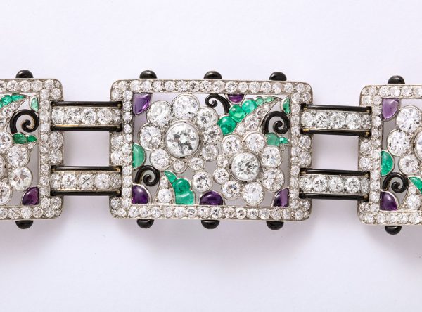 One-of-a-Kind Platinum, Black Enamel, Diamond, Emerald, & Amethyst Bracelet Closeup of Section