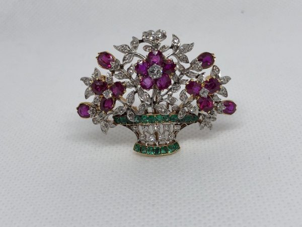 French Basket Brooch Set With Rubies, Emeralds, And Diamonds Mounted In 18Kt Gold And Platinum
