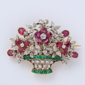 Third Republic 18kt Gold Basket Brooch set w/Rubies, Emeralds & Diamonds
