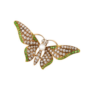 Victorian Period 15kt Gold, Diamond, Demantoid Garnet, and Pearl Butterfly Brooch