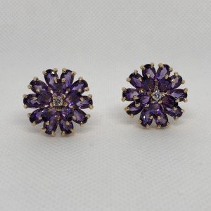 American Amethyst And Diamond Floral Motif Earrings Mounted In 18Kt Gold