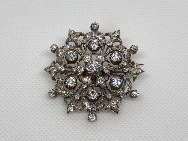 Victorian Diamond Snowflake Brooch/Pendant Mounted In Silver And 18Kt Gold
