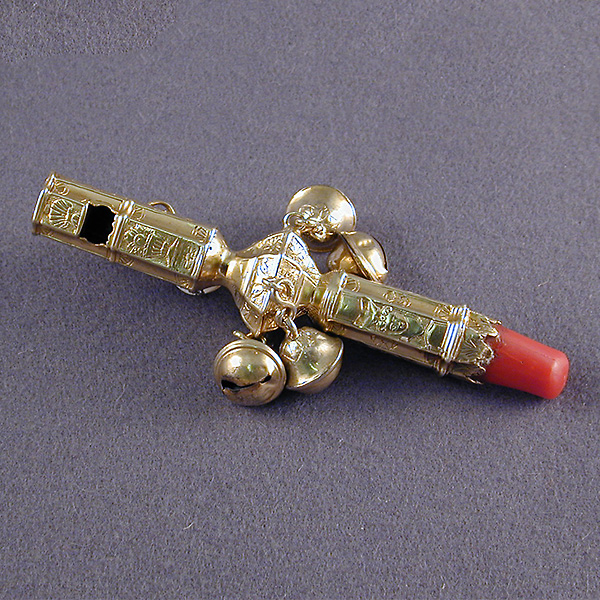 George III Period Silver Gilt Baby’s Rattle and Whistle With Coral Teether