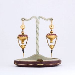 French Enamel, Ruby & 18kt Gold Drop Earrings in Original Box