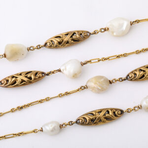 American 18kt Gold & Blister pearl Chain Necklace with Pierced Tubular Oblong