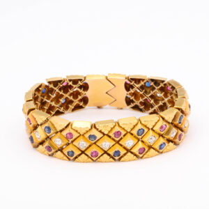 Third Republic Period French 18kt Gold Bracelet set with Diamonds, Rubies & Sapphires