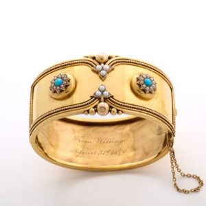 Victorian Period 15kt Gold Bangle Turquoise and Pearl Bracelet