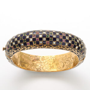Victorian Period 15kt Gold and Enamel Bangle Bracelet set with Diamonds, Rubies, Emeralds, and Pearls