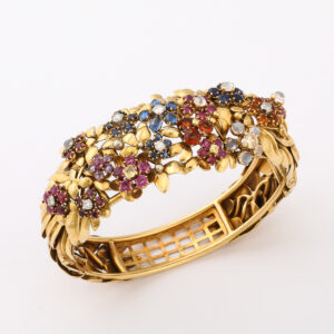 European 18kt Gold & Multi Gem Floral Bangle Bracelet