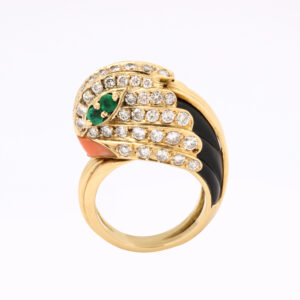 French 18kt Gold, Onyx, Diamond, Emerald & Coral Parrot Jean & Pierre Belin Ring