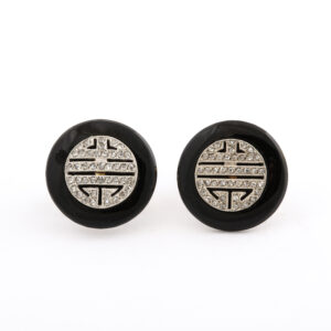 American Onyx and Diamond Pair of Shou Symbol Earrings with 14kt Gold Posts
