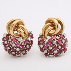 American Ruby & Diamond Pair of Earrings mounted in 14kt Gold & Platinum