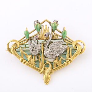 Gold, Plique-à-jour Enamel & Diamond Brooch
