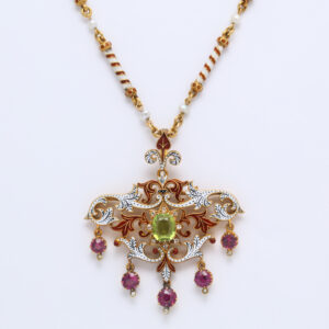 Victorian Period Polychrome Enameled 18kt Gold Pendant on Chain set with Peridot, Rhodolite Garnets & Diamonds, in Original box, en Suite