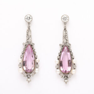 Edward XIII Period Pink Topaz, Pearl, and Diamond Earrings