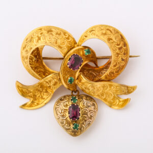 English 15kt Gold, Almandine Garnets & Emeralds Bow and Heart Brooch