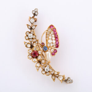 American 14kt Gold, Diamond, Ruby, Sapphire, Pearl Butterfly Brooch