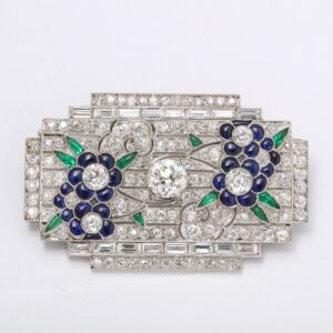 Art Deco Platinum, Diamond, Sapphire & Emerald Brooch