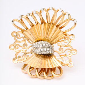 American 18kt Gold & Diamond Bow/Fan Brooch