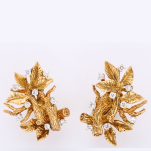 American 18kt Gold & Diamond Branch & Leaf Earrings