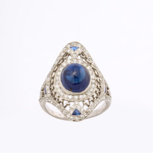 American Platinum, Cabochon Sapphire, & Diamond Ring