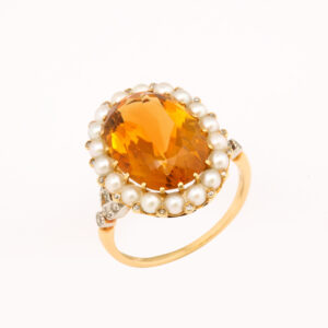 American 18kt Gold, Citrine, Pearl and Diamond (in Platinum) Ring