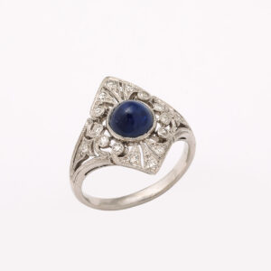 American Platinum, Cabochon Sapphire & Diamond Ring