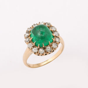 American 14kt Gold, Cabochon Emerald & Diamond Cluster Ring