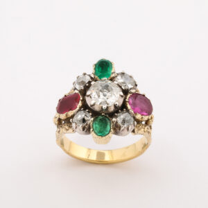 George III Period 18kt Gold & Silver, Diamond, Ruby & Emerald Ring