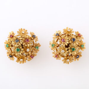 American 14kt Gold Multi-Gem Floral Earrings Set With Diamonds, Rubies, Sapphires & Emeralds