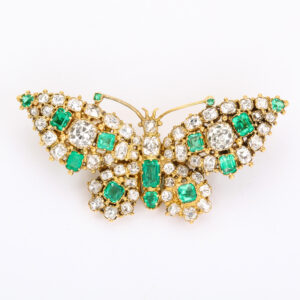 Victorian Period 15kt Gold Butterfly Brooch set with Emeralds & Diamonds