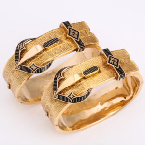 American 14kt Gold & Black Enamel Pair of Buckle Bangles