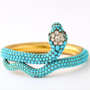 Second Empire Period 18kt Gold, Turquoise & Diamond Snake Bangle Bracelet