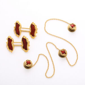 Red Enamel & 14kt Gold Cuff Links & Stud Set