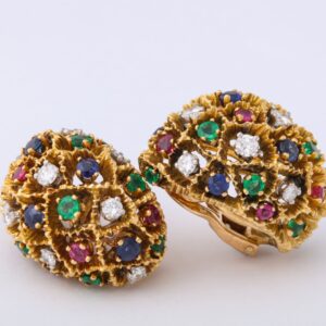 French 18kt Gold Multi-Gem (Sapphire, Ruby, Diamond & Emerald) Earrings