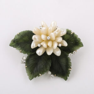 American 14kt White Gold, Carved Nephrite, Freshwater Pearls & Diamond Flower Brooch