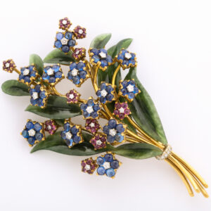Austrian 18kt Gold Multi-gem (Sapphire, Ruby, Diamond and Nephrite Spray) Flower Bouquet Brooch