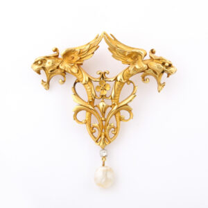Third Republic Period Pearl & Diamond Pendant 18kt Gold Brooch