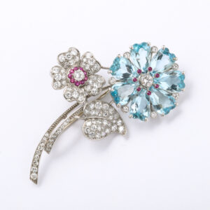 American Platinum, Aquamarine & Ruby Flower Brooch