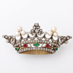 Victorian Period 18kt Gold and Silver Multi-Gem (Diamond, Pearl, Ruby & Emerald) Crown Brooch