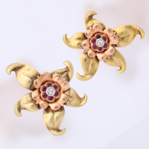 American Ruby, Diamond & 14kt Two-Tone Gold Flower Earrings
