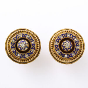 Victorian Period Blue Enamel & Diamond 18kt Gold Button Earrings