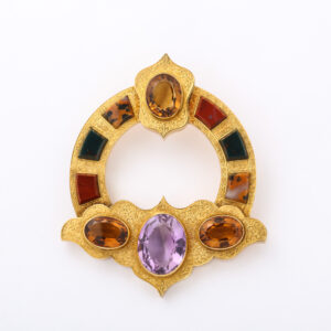 Victorian Period Scottish Chalcedony, Cairngorm, Citrine & Amethyst 15kt Gold Brooch