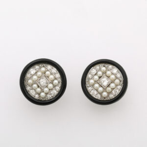 American 14kt White Gold, Black Enamel, Diamond & Pearl Earrings