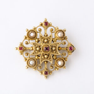 Italian 18kt Gold Brooch Set with Rubies and Half-Pearls