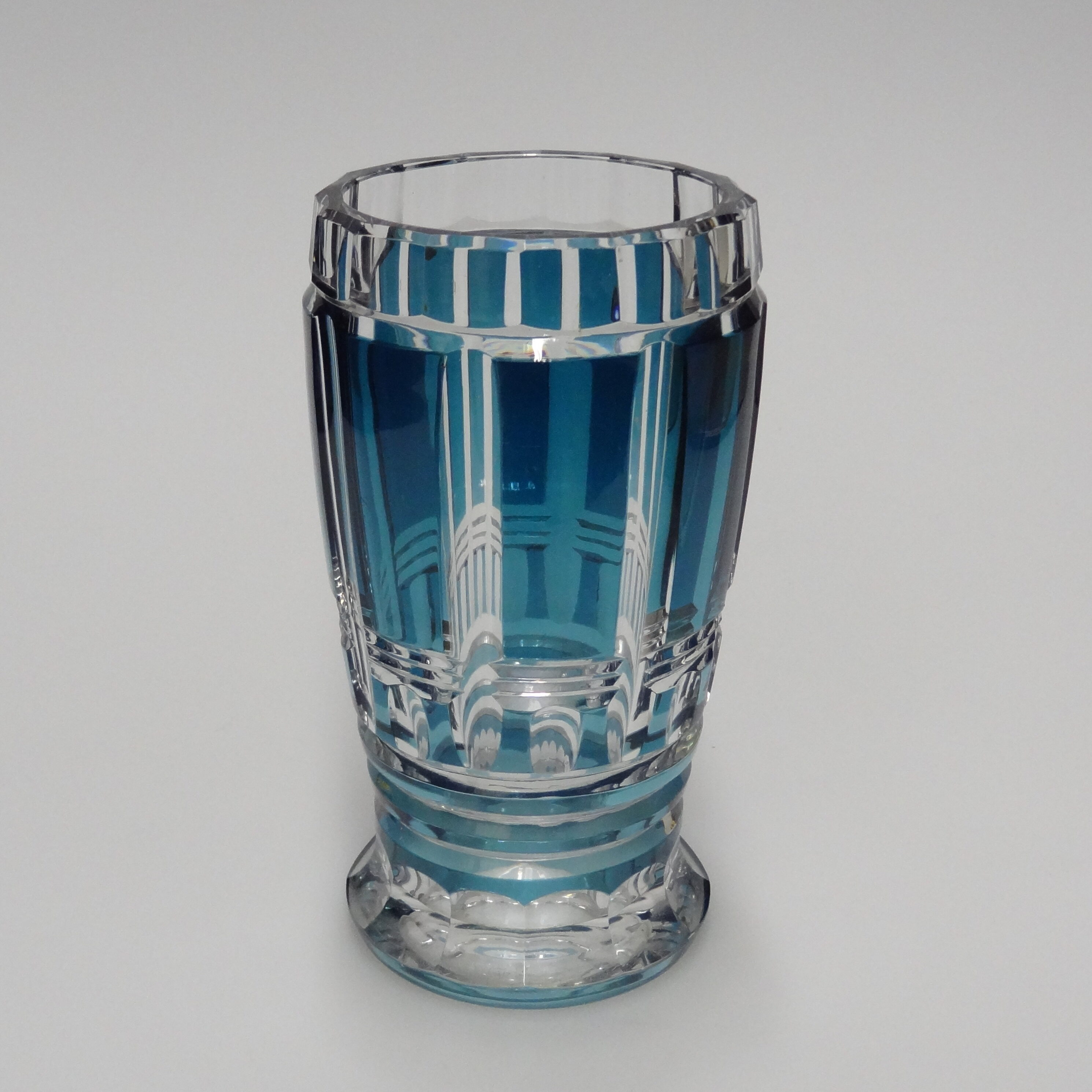 Leopold III Period Teal Blue Overlay Glass ˜Vase Florentine 7” Charles Graffart for Val St Lambert